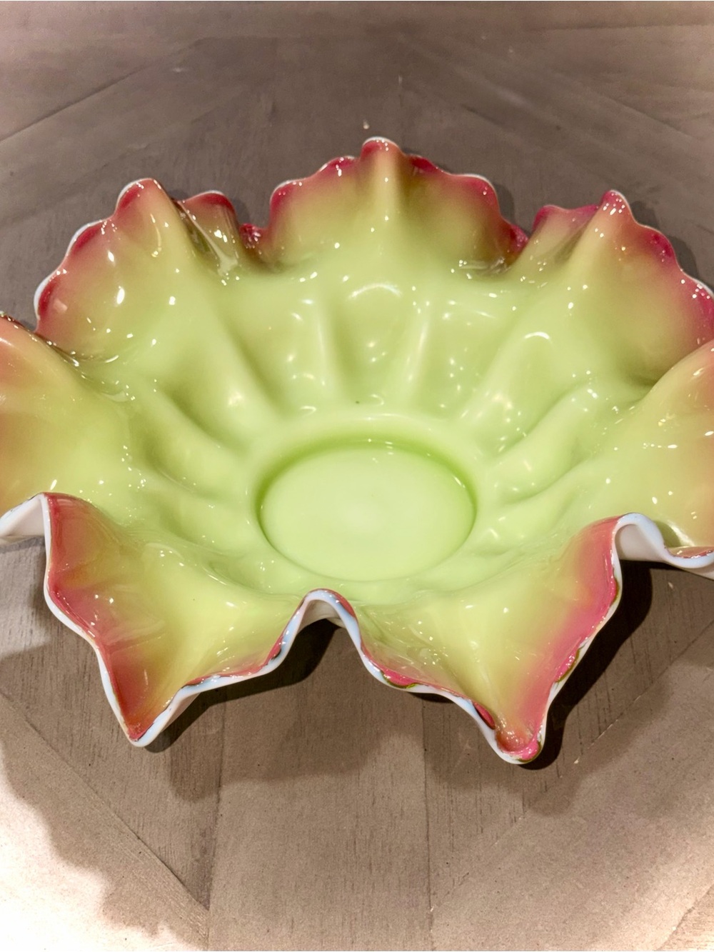 Fenton Glass Ruffled Bowl in Lime Green with Pink Rim